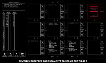 The TIS-100 showing the basic interface with the caption, "Rewrite corrupted code segments to repair the TIS-100".