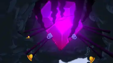 A big smoldering crystal sits chained within a cave.